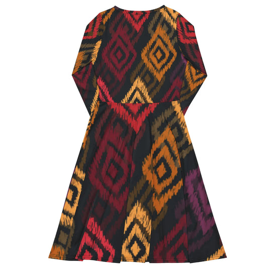 All-over print long sleeve midi dress-LifessentialsLLC.com