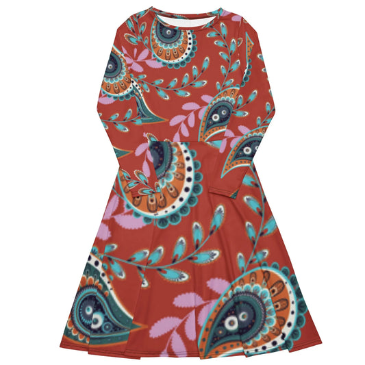 All-over print long sleeve midi dress-LifessentialsLLC.com