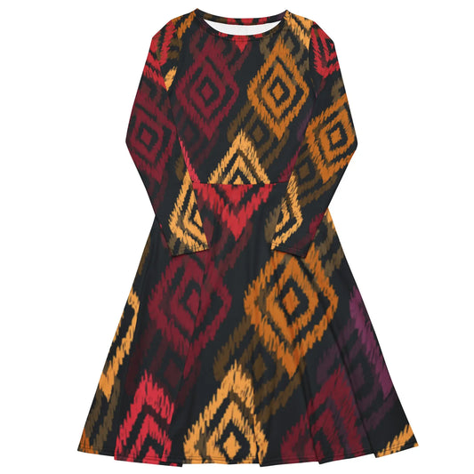 All-over print long sleeve midi dress-LifessentialsLLC.com